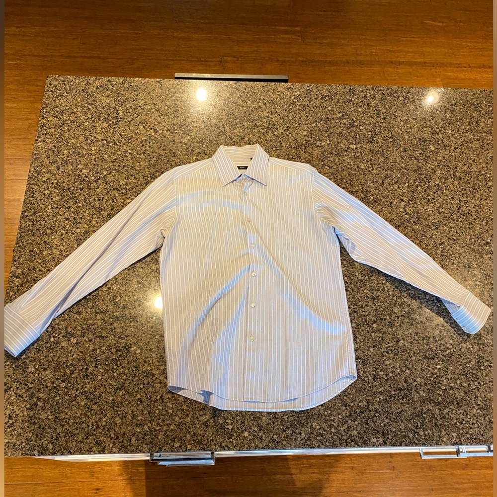 BOSS by HUGO BOSS Men's Striped White/Blue Button Down Shirt 16.5 Neck